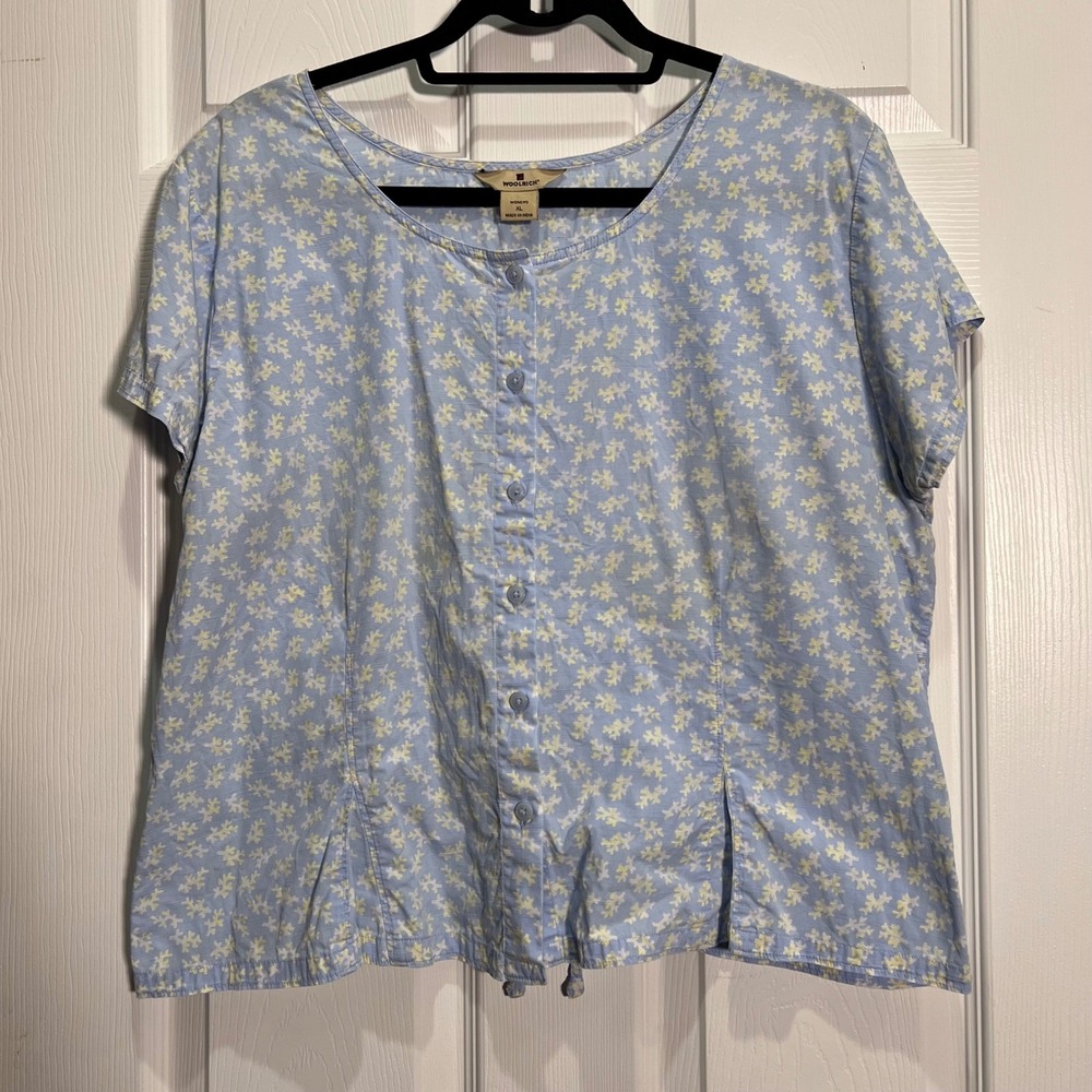 Woolrich Womens XL Blue Floral Button Down Top Short Sleeve‎ 100% Cotton Blouse